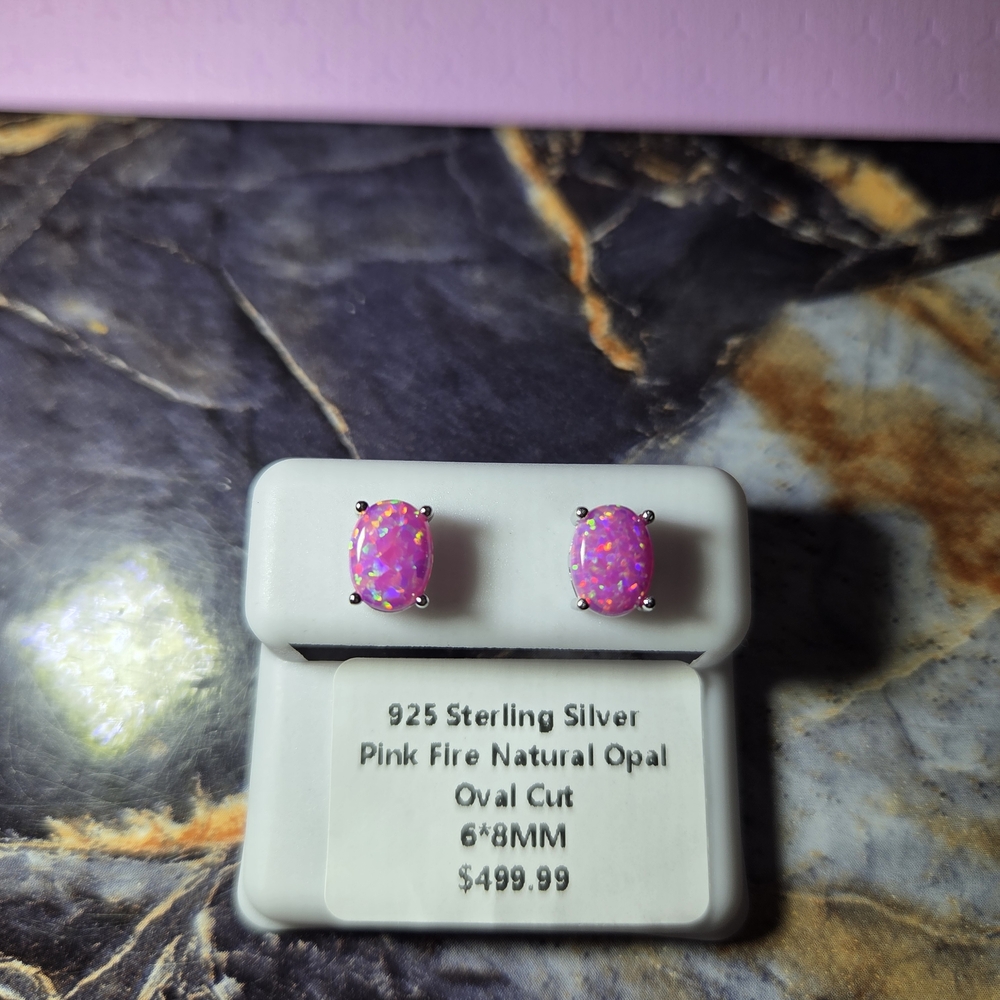 Sterling Silver Pink Fire Opal Oval Stud Earrings - Pink